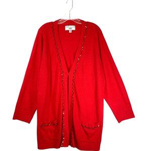 Avenue Holiday Red Cardigan Sweater Size 4X Sequin Trim Pockets 3/4 Sleeve